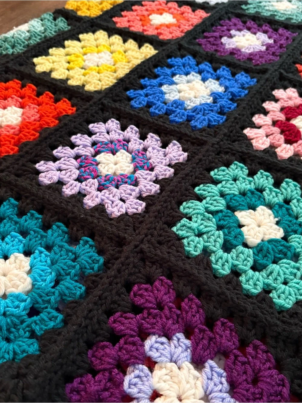 Handmade Multicolor Crochet Granny Square Throw Blanket with Black Border